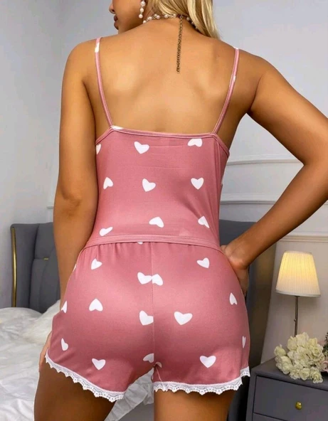 Kadın Pembe Askılı Şortlu Pijama Takım 6653 - 2