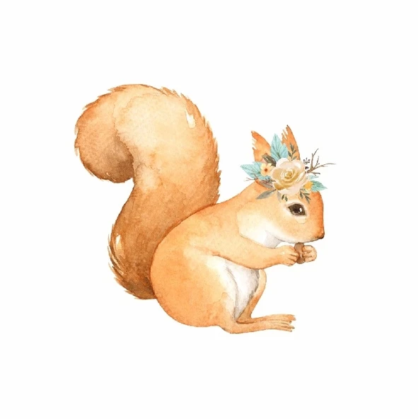 Fındık Yiyen Çiçekli Sincap Duvar Stickerı ürün görseli 1