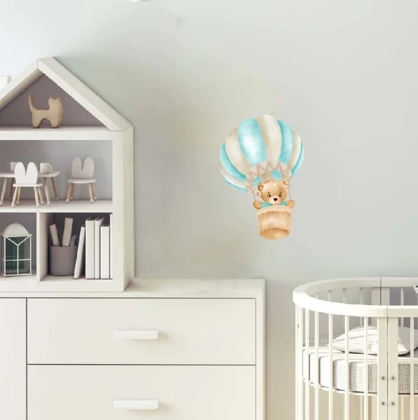 Balon Sepetinde Uçan Ayıcık Duvar Stickerı - Resim 2