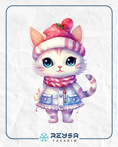 Pofuduk Şapkalı Kış Kedisi Duvar Stickerı ürün görseli 1