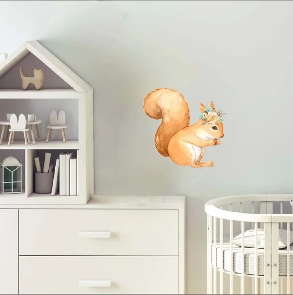 Fındık Yiyen Çiçekli Sincap Duvar Stickerı - Resim 2