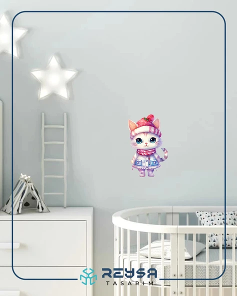 Pofuduk Şapkalı Kış Kedisi Duvar Stickerı - Resim 3