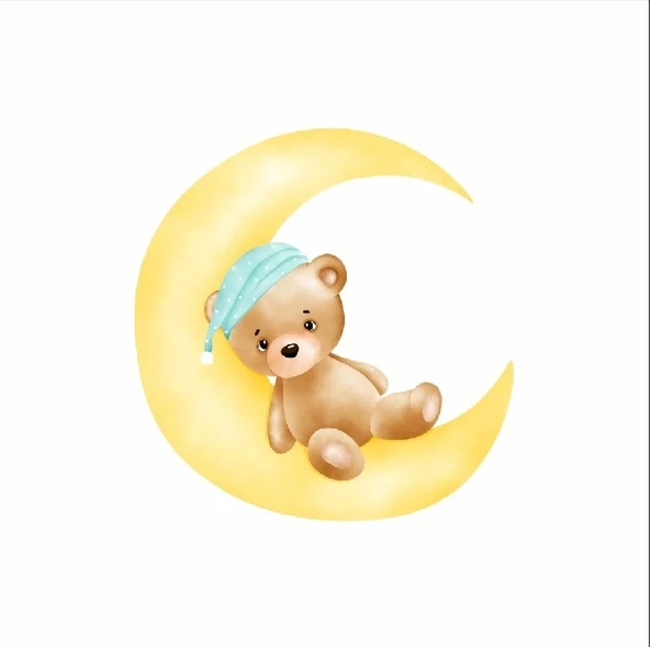 Hilal Üzerinde Uyuyan Şapkalı Ayıcık Duvar Stickerı ürün görseli 1