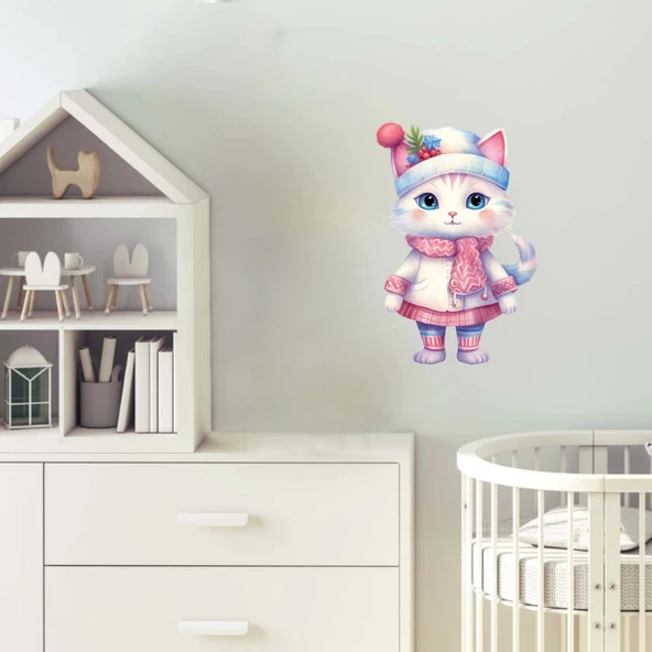 Şeker Pembesi Kış Kedisi Duvar Stickerı - 2