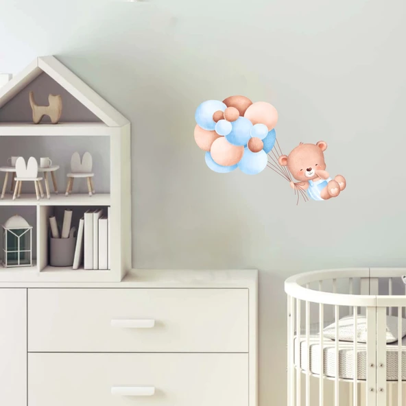 Balon Demetiyle Uçan Sevimli Ayıcık Duvar Stickerı - Resim 2