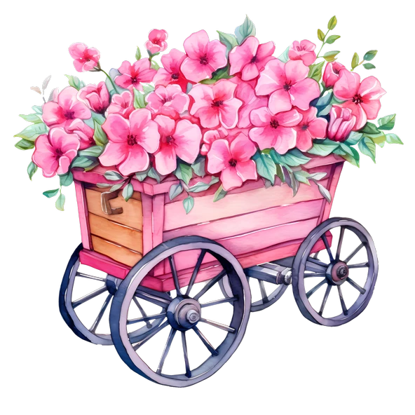 Pembe Çiçekli Ahşap Görünümlü El Arabası Duvar Sticker'ı - Resim 2