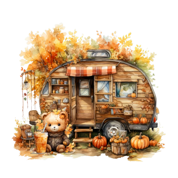 Kahve Molası Veren Ayıcık ve Karavan Duvar Stickerı - 2