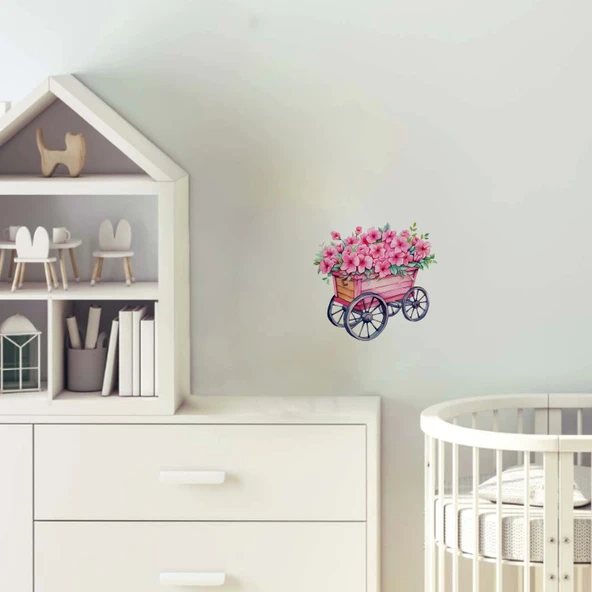 Pembe Çiçekli Ahşap Görünümlü El Arabası Duvar Sticker'ı ürün görseli 1