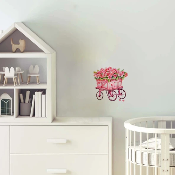 Pembe Çiçekli El Arabası Duvar Sticker'ı (Pembe Tekerlekli) ürün görseli 1