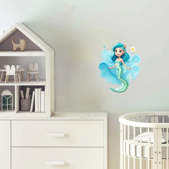 Dalgalı Mavi Saçlı Deniz Kızı Duvar Sticker'ı - Resim 2