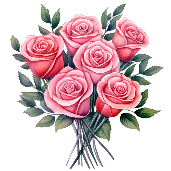 Yapraklı Pembe Gül Buketi Duvar Sticker'ı (5 Gül) - Resim 2