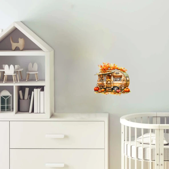 Ayıcık ve Çocuklu Sonbahar Karavanı Duvar Stickerı ürün görseli 1