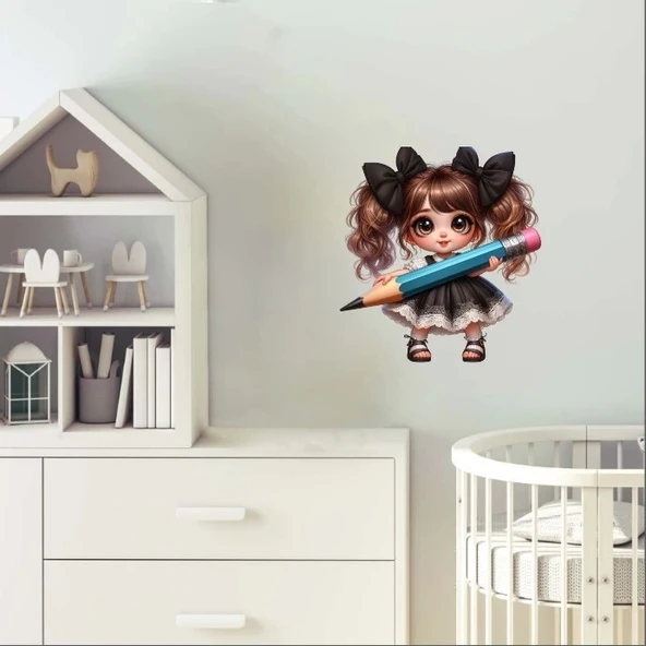 Siyah Kurdeleli Kız ve Mavi Kalem Duvar Stickerı - Resim 2