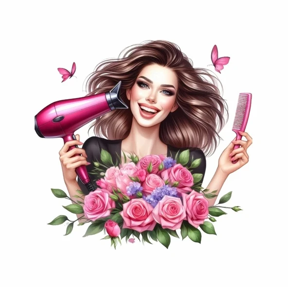 Pembe Güllü ve Kelebekli Kuaför Kız Duvar Stickerı ürün görseli 1