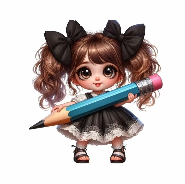 Siyah Kurdeleli Kız ve Mavi Kalem Duvar Stickerı ürün görseli 1