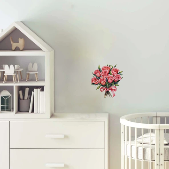 Kırmızı Kurdeleli Pembe Gül Buketi Duvar Sticker'ı ürün görseli 1