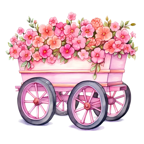Açık Pembe Çiçekli ve Pembe Tekerlekli El Arabası Duvar Sticker'ı - 2