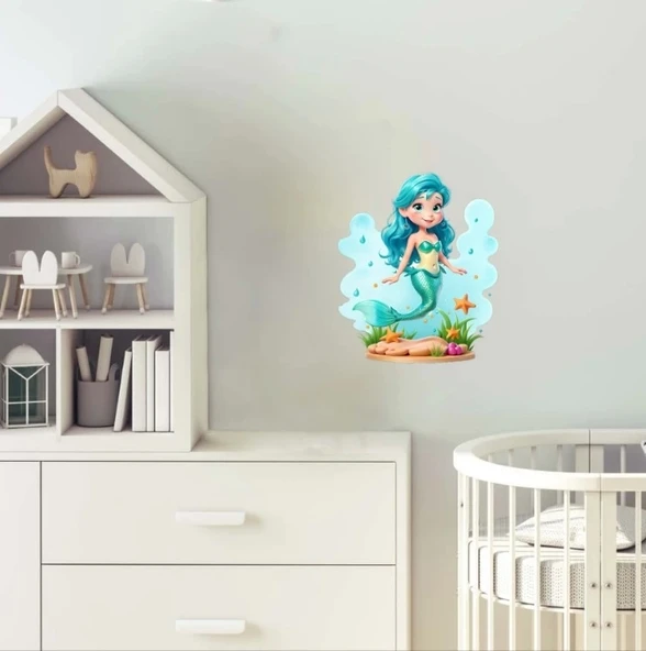 Mavi Saçlı Deniz Kızı ve Deniz Canlıları Duvar Sticker'ı - Resim 2
