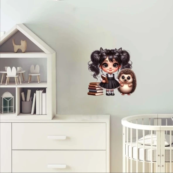 kitap Okuyan Kız ve Kirpi Duvar Sticker'ı - 2