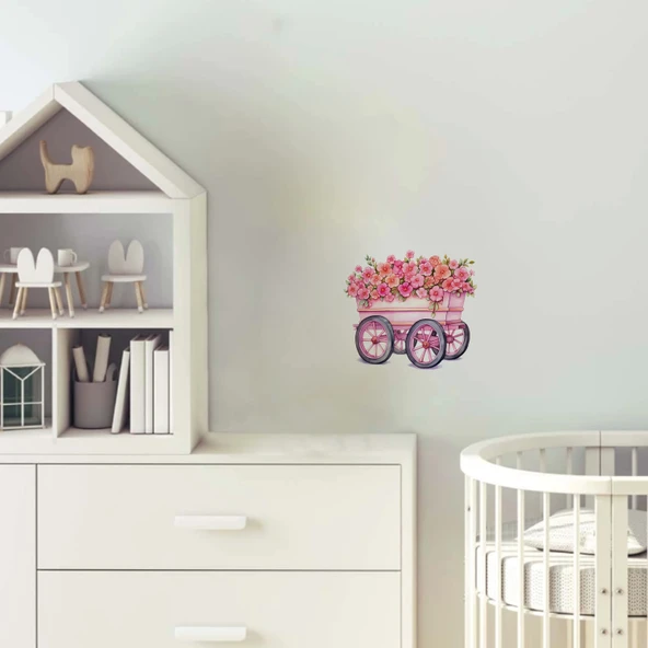 Açık Pembe Çiçekli ve Pembe Tekerlekli El Arabası Duvar Sticker'ı - 1