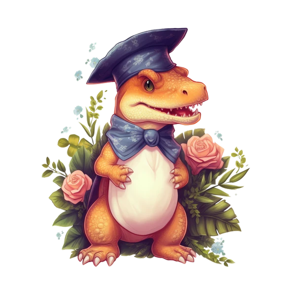 Mezuniyet Şapkalı Turuncu Dinozor ve Güller Duvar Sticker'ı - 2