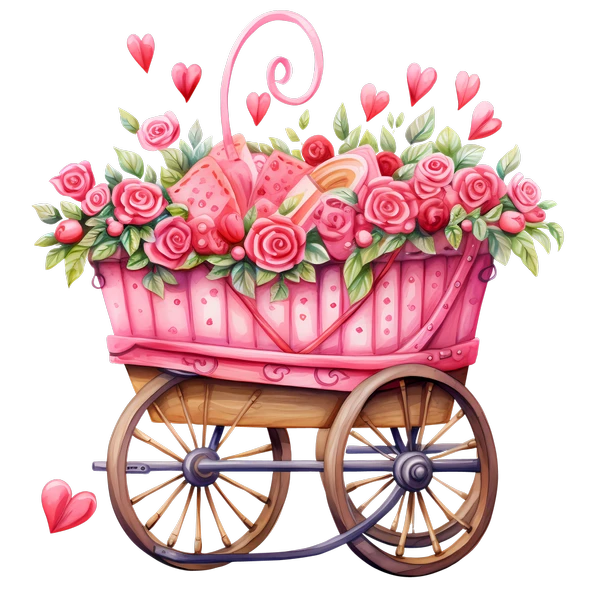 Kalpli ve Çiçekli Pembe El Arabası Duvar Sticker'ı - Resim 2