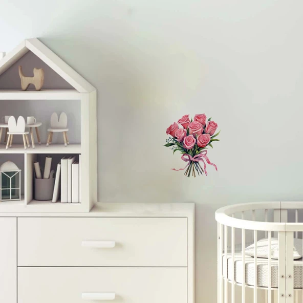 Pembe Kurdeleli Gül Buketi Duvar Sticker'ı ürün görseli 1