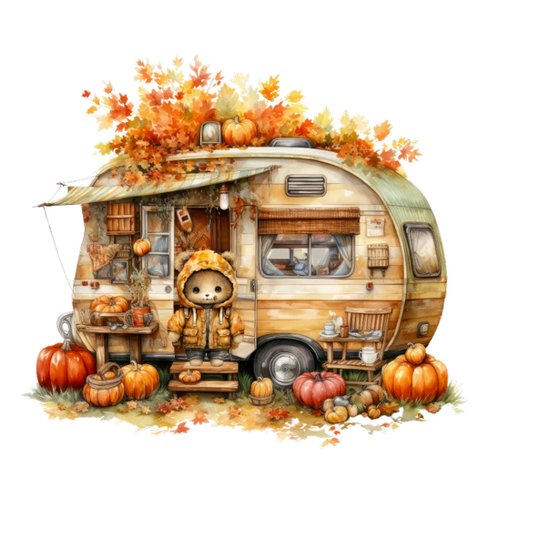 Ayıcık ve Çocuklu Sonbahar Karavanı Duvar Stickerı - Resim 2