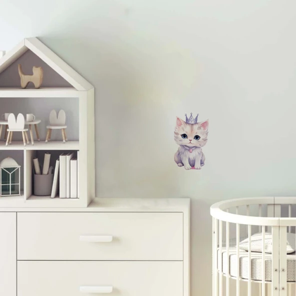 Taçlı Pembe Kurdeleli Kedi Duvar Stickerı ürün görseli 1