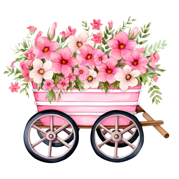 Çiçekli ve Kuşlu Pembe El Arabası Duvar Sticker'ı - 2