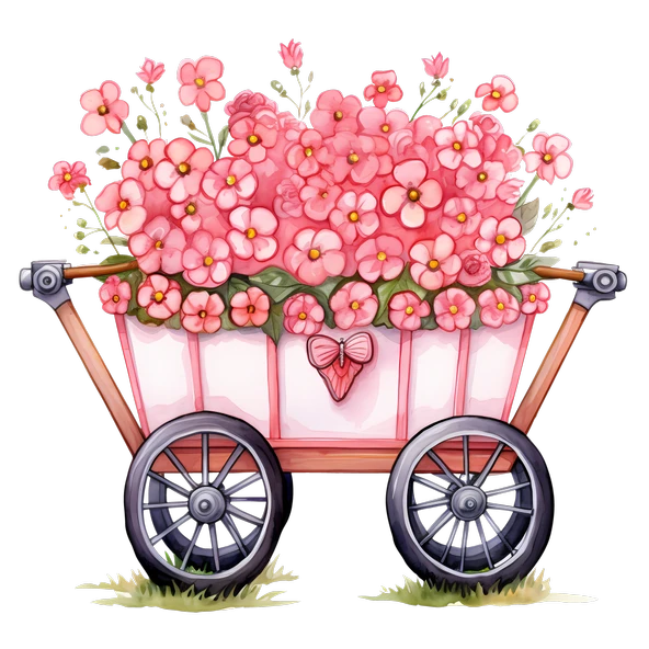 Kalpli ve Çiçekli Pembe El Arabası Duvar Sticker'ı - Resim 2