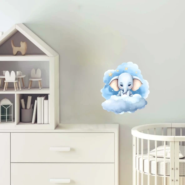 Yıldızlı Mavi Bulut Üzerinde Oturan Sevimli Fil Duvar Çıkartması ürün görseli 1
