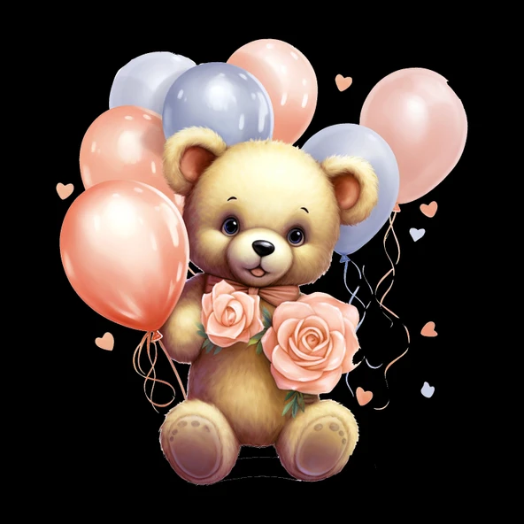 Balonlu ve Çiçekli Erkek Ayıcık Duvar Stickerı - Resim 2