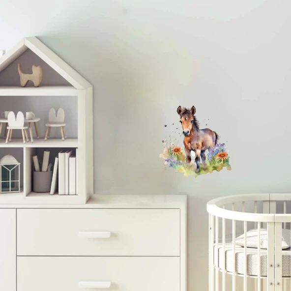 Turuncu Çiçekli At Yavrusu Duvar Stickerı ürün görseli 1
