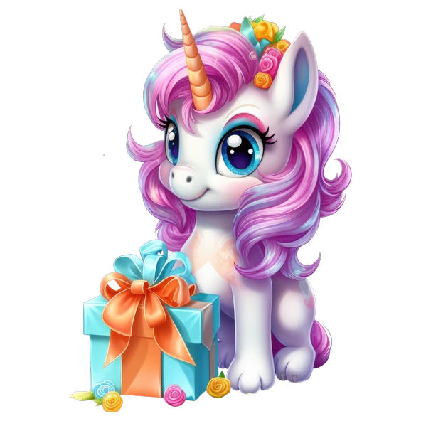 Mavi Hediyeli ve Mor Yeleli Tek Boynuzlu At Duvar Stickerı - Resim 2