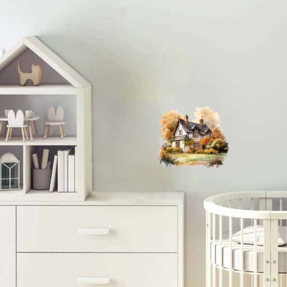Kara Çatılı ve Beyaz Duvarlı Sonbahar Evi Duvar Stickerı ürün görseli 1