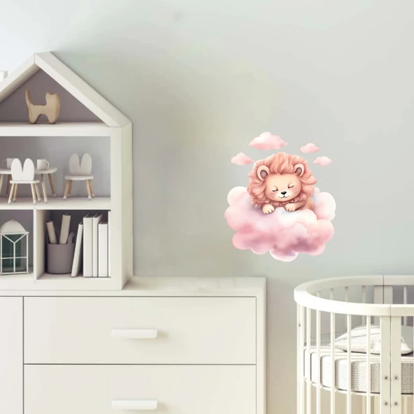 Pembe Bulut Üzerinde Uyuyan Pembe Yeleli Sevimli Aslan Yavrusu Duvar Çıkartması ürün görseli 1
