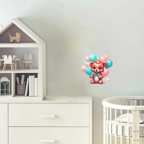 Mavi Papyonlu ve Balonlu Ayıcık Duvar Stickerı ürün görseli 1