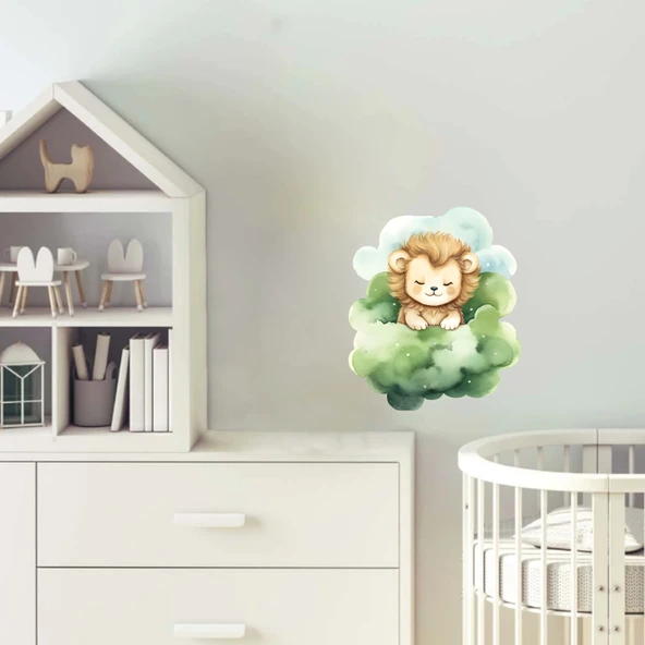 Yeşil Bulutlar Arasında Uyuyan Sevimli Aslan Yavrusu Duvar Çıkartması ürün görseli 1
