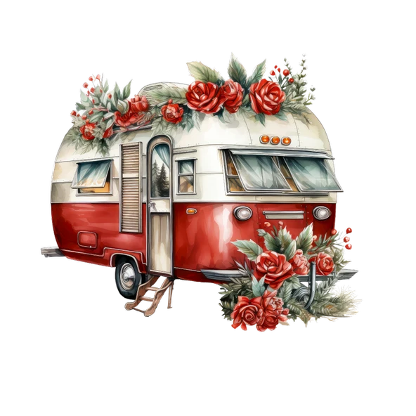 Kırmızı Gül Çelenkli Vintage Karavan Duvar Çıkartması - Resim 2