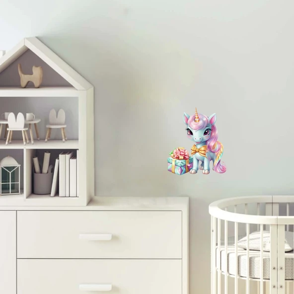 Pembe Kurdeleli Hediyeli ve Mavi Yeleli Tek Boynuzlu At Duvar Stickerı ürün görseli 1