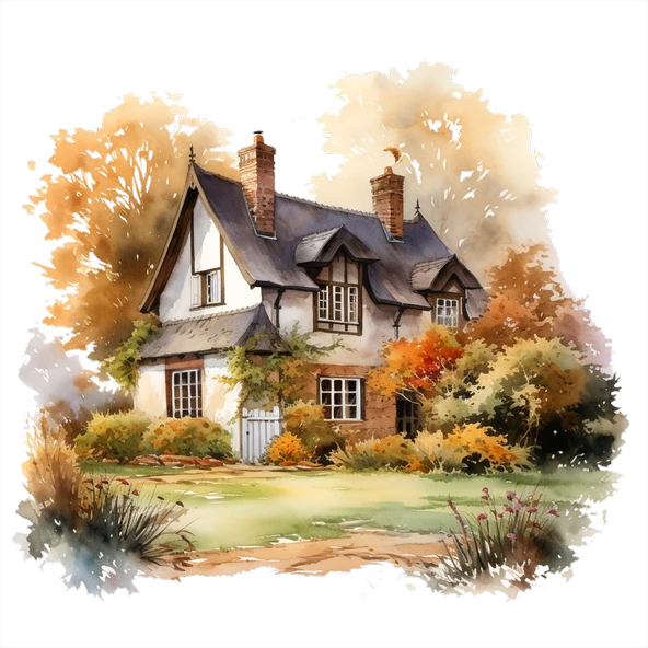 Kara Çatılı ve Beyaz Duvarlı Sonbahar Evi Duvar Stickerı - Resim 2