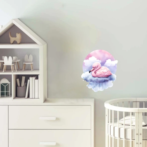 Pembe Gökyüzü ve Bulutlar Üzerinde Uzanmış Pembe Flamingo Duvar Çıkartması ürün görseli 1