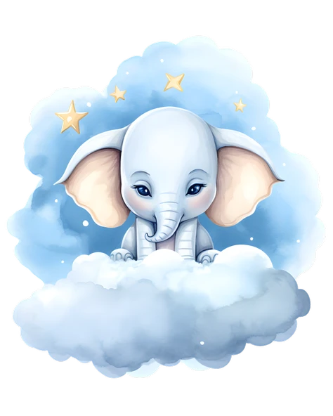 Yıldızlı Mavi Bulut Üzerinde Oturan Sevimli Fil Duvar Çıkartması - Resim 2