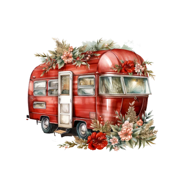 Çiçek ve Yeşillik Süslemeli Kırmızı Karavan Duvar Çıkartması - 2