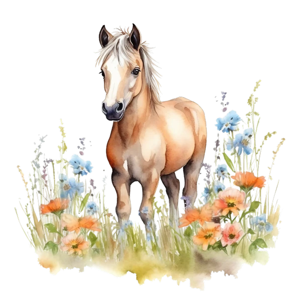 Mavi ve Turuncu Çiçekli At Yavrusu Duvar Stickerı - Resim 2