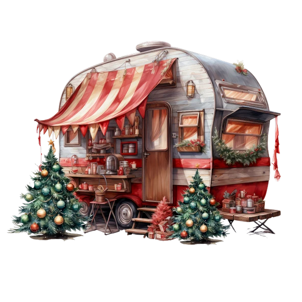 Kırmızı-Beyaz Çizgili Tenteli ve Noel Ağaçlı Karavan Duvar Çıkartması - Resim 2