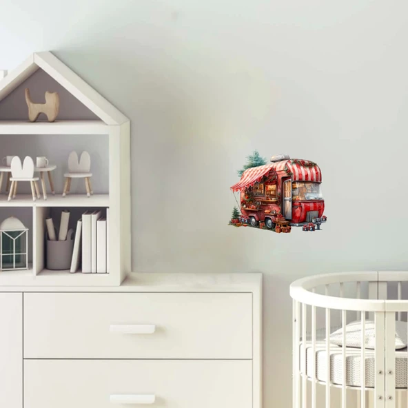 Kırmızı-Beyaz Çizgili Tenteli ve Noel Temalı Karavan Duvar Çıkartması ürün görseli 1