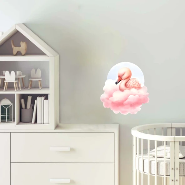 Pembe Bulut Üzerinde Uzanmış Pembe Flamingo Duvar Çıkartması ürün görseli 1