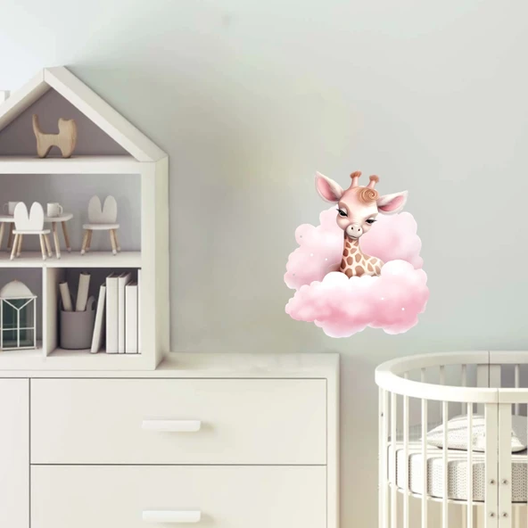 Pembe Bulutlar Arasından Bakan Sevimli Zürafa Duvar Çıkartması ürün görseli 1